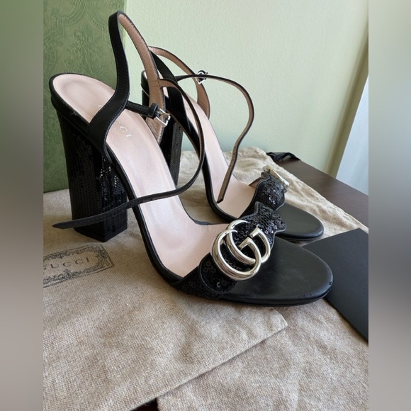 GUCCI Black sandal- size 37(1/2) Sequin Marmont High Heeled Look brand new - Picture 8 of 16